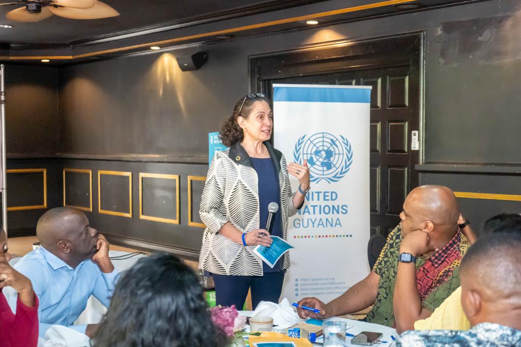 UN Resident Coordinator in Guyana Yeşim Oruç talks to media editors while they are looking at her.