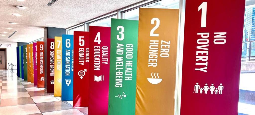 A line of banners with the name of each SDG.