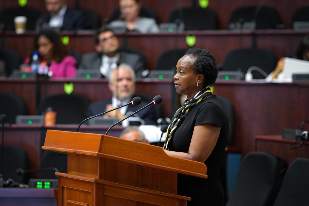 A woman standing at a podium speaking with persons seated in the background.