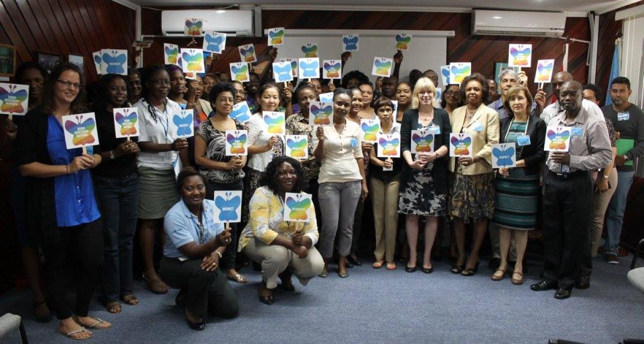 UN Guyana staff displaying zero discrimination messages