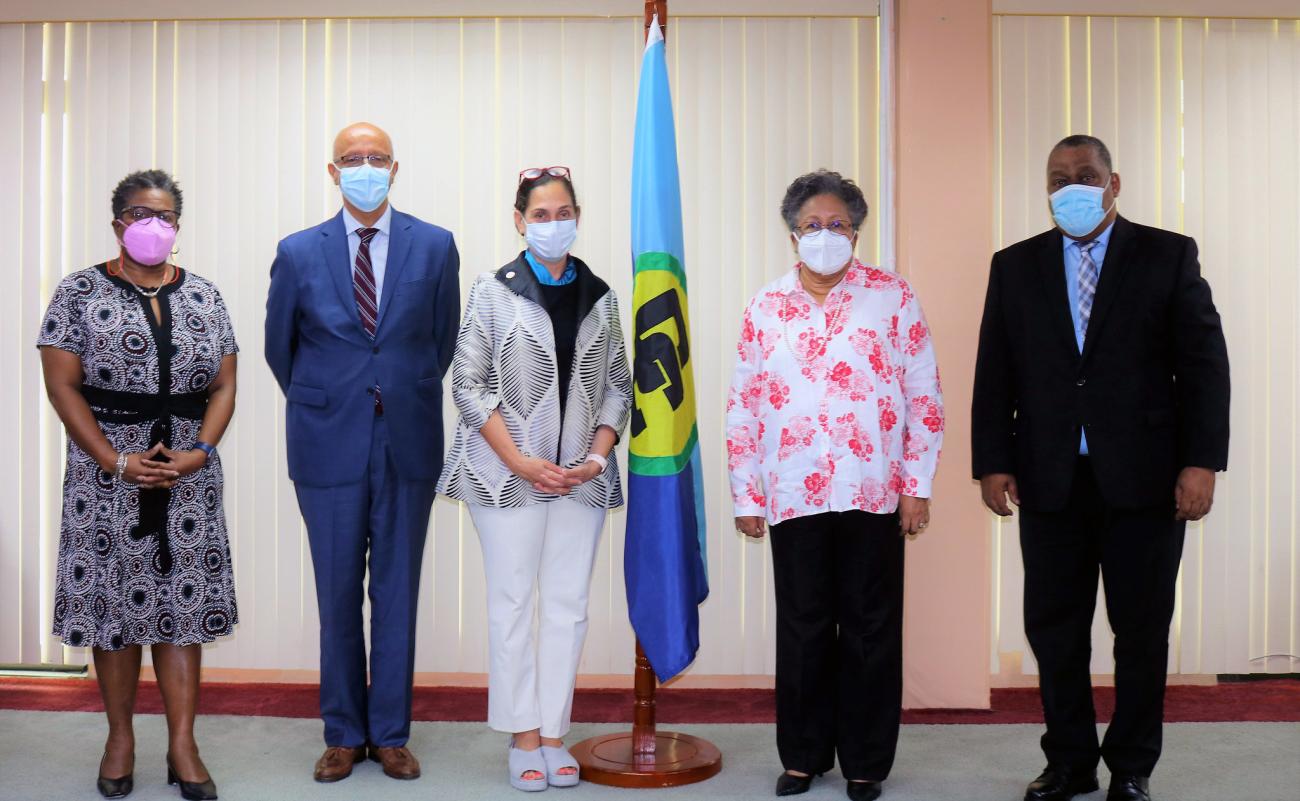 L-R: Ambassador Donna Forde, CARICOM Assistant Secretary-General for Foreign and Community Relations; Roberto Valent, Regional Director for Latin America and the Caribbean of the UN Development Coordination Office; Yeşim Oruç, UN Resident Coordinator in Guyana; Dr. Carla Barnett, CARICOM Secretary-General; and Dr. Garry Conille, UN Resident Coordinator in Jamaica, the Bahamas, Bermuda, the Cayman Islands and Turks and Caicos Islands. 