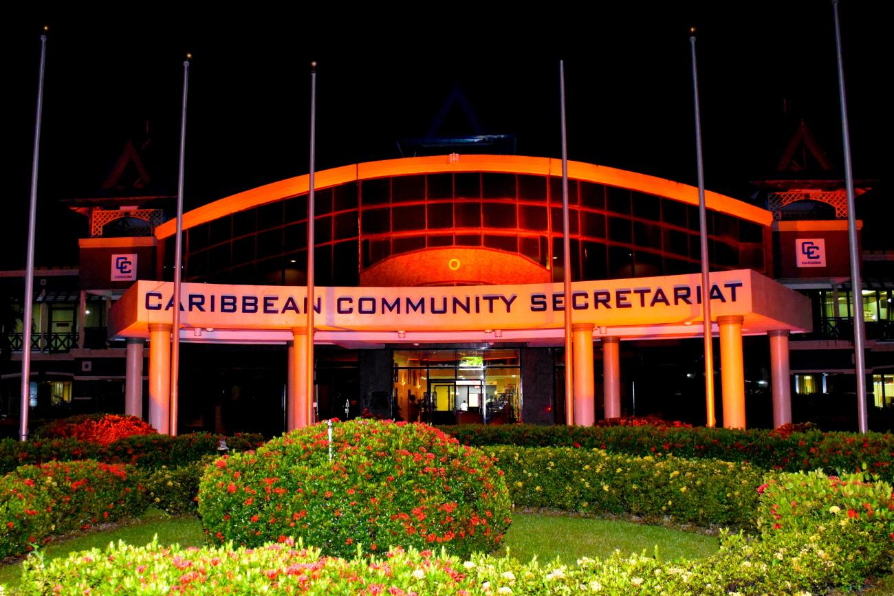 The CARICOM Secretariat lit in orange to mark 16 days of activism against gender-based violence.