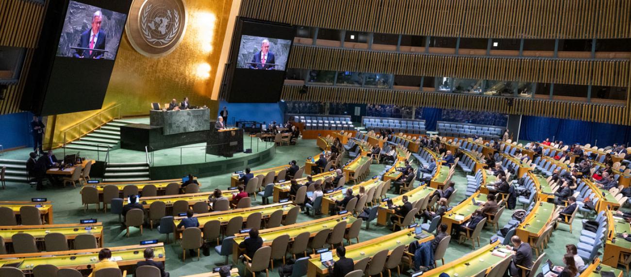 The UN General Assembly being addressed by the Secretary-General.