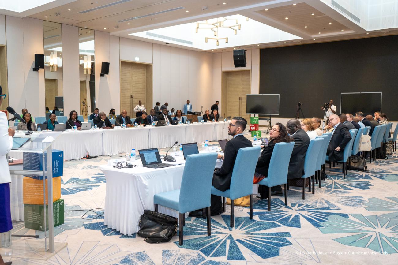 A room with a group of people seated and one person at a podium.