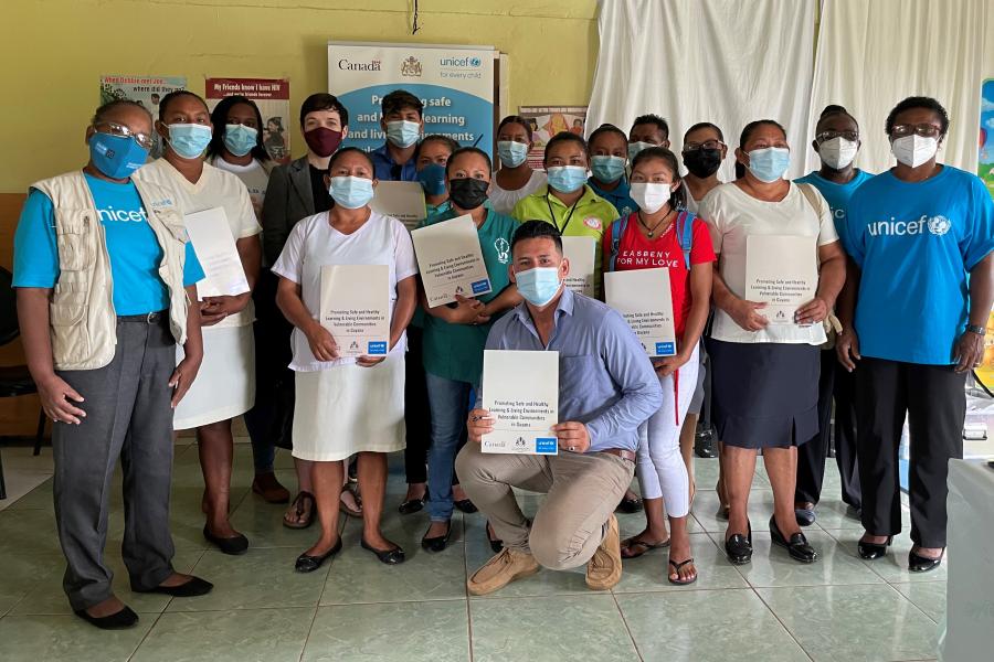 Executive Director of the Caribbean Regional Development Program, Global Affairs Canada, Sharon Peake (fourth from left) with UNICEF staff and participants of the ECD training at Annai on Monday, 22 November 2021.