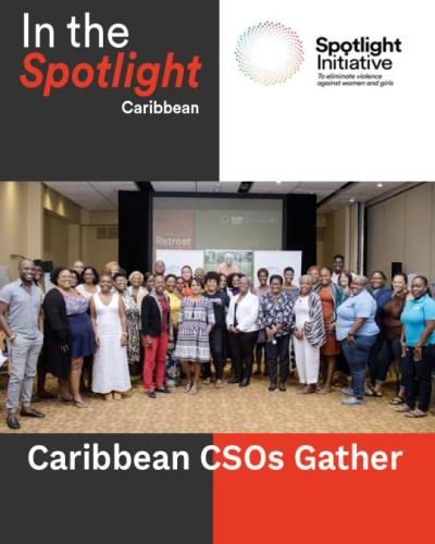 In the Spotlight newsletter cover which shows a group of people standing. It is titled 'Caribbean CSOs Gather'