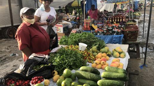 FAO Representative for Guyana Dr. Gillian Smith visits the stall of a local market vendor.
