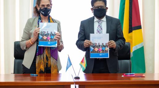 UN Resident Coordinator Yeşim Oruç and Senior Finance Minister Hon Dr. Ashni Singh after the signing of the Multi-Country Sustainable Development Cooperation Framework.