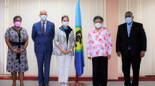 L-R: Ambassador Donna Forde, CARICOM Assistant Secretary-General for Foreign and Community Relations; Roberto Valent, Regional Director for Latin America and the Caribbean of the UN Development Coordination Office; Yeşim Oruç, UN Resident Coordinator in Guyana; Dr. Carla Barnett, CARICOM Secretary-General; and Dr. Garry Conille, UN Resident Coordinator in Jamaica, the Bahamas, Bermuda, the Cayman Islands and Turks and Caicos Islands. 