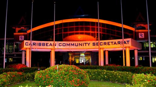 The CARICOM Secretariat lit in orange to mark 16 days of activism against gender-based violence.