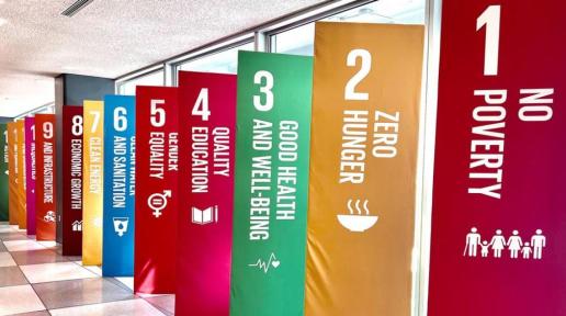 A line of banners with the name of each SDG.